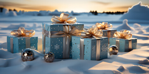 Festive Christmas Presents on Snowy Ground. Holiday Season Delights: Gifts in the Winter Forest