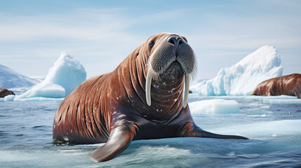 close up walrus (odobenus rosmarus) on pack iceberg