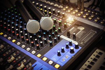 Close-up microphone and sound mixer in studio for sound record control system and audio equipment...