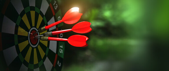 Bullseye or Bulls eye target or dartboard has dart arrow throw hitting the center of a shooting for...