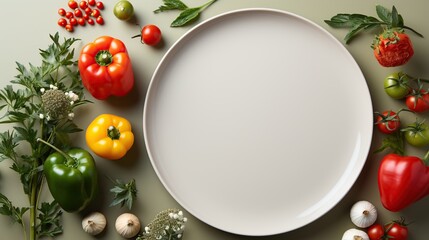White empty plate coking concept copy space food healthy food around vegan  - obrazy, fototapety, plakaty