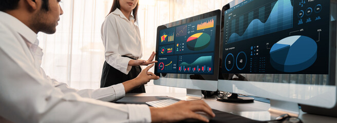 Analyst working on data analysis or BI dashboard on computer monitor. Business team analyzing...