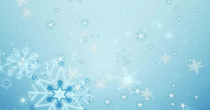 Animation of stars and snowflake icons falling against blue gradient background with copy space