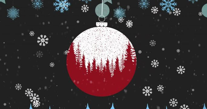 Animation of snowflakes over hanging bauble decoration and tree icons against black background