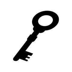 A large old key symbol in the center. Isolated black symbol