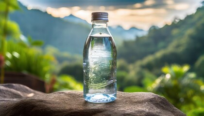 bottle of water in the garden, Hydrate Naturally: Pure Mineral Water in the Wild - obrazy, fototapety, plakaty