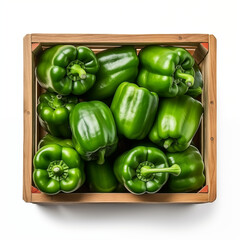 green bell pepper in the wood box on white background, close up collection of fresh ingredients healthy food, fruit, vegetables for healthy delicious food theme