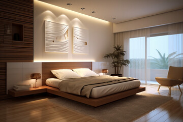 Luxury bedroom interior with a concrete wall, a wooden floor and a master bed. 3d rendering mock up