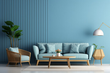 Interior of living room with blue walls, wooden floor, blue sofa and coffee table. 3d render