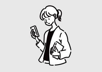 スマートフォンを操作する女性のイラスト。ビジネススタイル。スマホを見る仕事中の女の人。