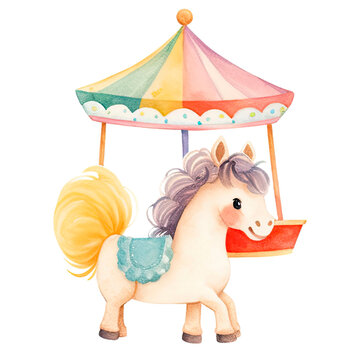 Cute Horse in Amusement Park - Watercolor Children's Book Illustration style
