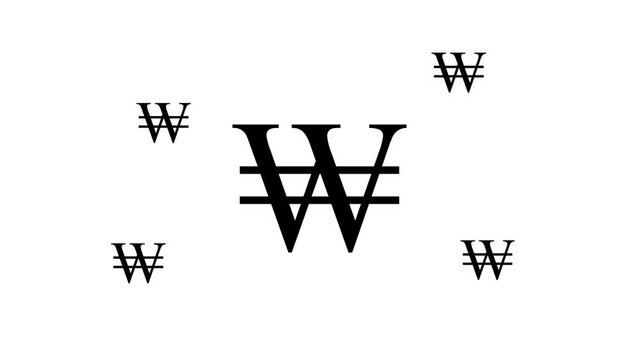 Zoom in and out animation the Korean won symbol. Large black symbol in the center and four small symbols around. Seamless looped 4k animation on white background