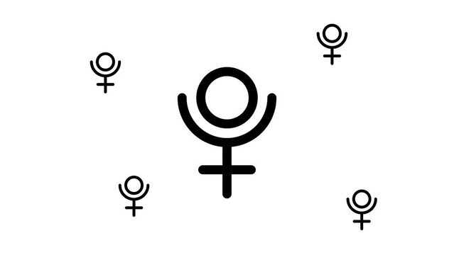 Zoom in and out animation the astrological pluto symbol. Large black symbol in the center and four small symbols around. Seamless looped 4k animation on white background