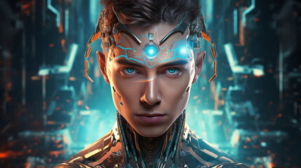 Man character design. Cyborg face man technology background with Generative Ai.