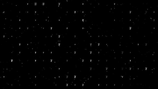 Template animation of evenly spaced tugrik symbols of different sizes and opacity. Animation of transparency and size. Seamless looped 4k animation on black background with stars