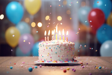 Happy birthday cake with balloons, cake, ribbons, and candles. Birthday celebration bokeh background. Copy Space