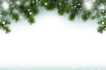 Fototapeta na wymiar Pine Tree Frame Isolated on White Background - Border of green Christmas tree branches and sparkling white snowflakes, with copy space.