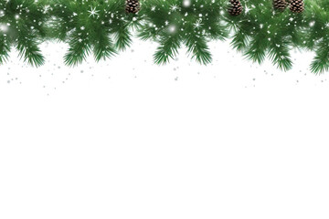 Pine Tree Frame Isolated on White Background - Border of green Christmas tree branches and sparkling white snowflakes, with copy space.