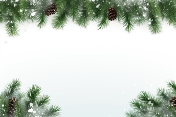 Obraz na płótnie Canvas Pine Tree Frame Isolated on White Background - Border of green Christmas tree branches and sparkling white snowflakes, with copy space.
