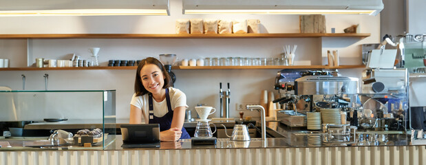 Happy smiling asian barista, girl behind counter, working with POS terminal and brewing filter kit,...