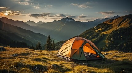 Fototapeta na wymiar photo de camping en plein air. tente 2 personnes dans la nature, montagne en arriere plan. zone naturelle, protégée.