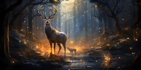 Realistic beautiful deer in magic forest with sparkling lights. Deer in the winter forest. Deer in a Snowy Wonderland: Realistic Winter Forest Scene - obrazy, fototapety, plakaty