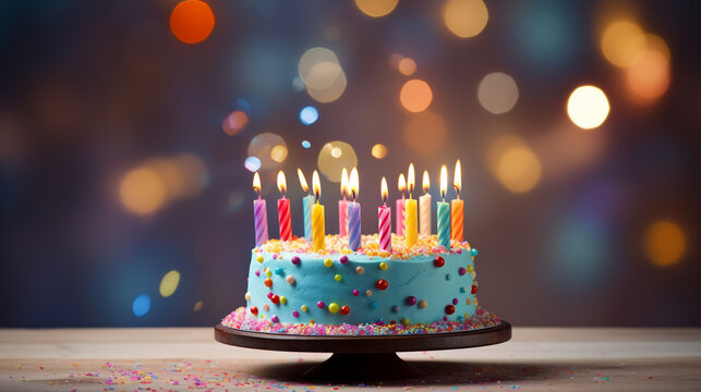 Blue birthday cake with colorful candles light bokeh background