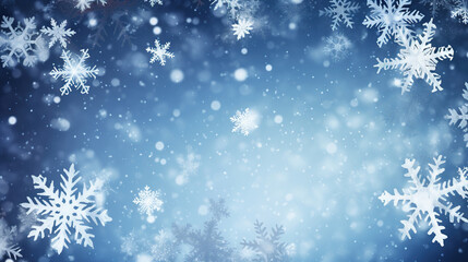 Abstract winter background with snowfall, a frozen Frosty on a blue background, and a Christmas frame with snowflakes in the sky