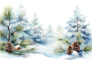 Watercolor illustration background of Christmas tree pine branches and cones, fir tree, winter snow, and hand drawn abstract artistic wallpaper brush texture.