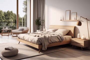 A photo of Modern bedroom interior with wooden bed and pillows. 3d render Generative AI