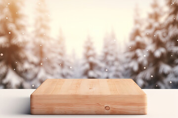 Empty Blank Wooden Podium Stage on a Snowy Winter Wonderland Day Background. Product Display Platform with Copy Space for Banner or Poster Snow Backdrop