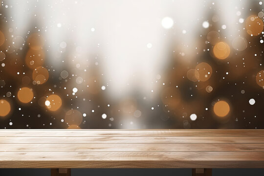 Empty wooden table top with snowfall and bokeh blur forest background. Christmas and New Year Product display copy space banner or poster.