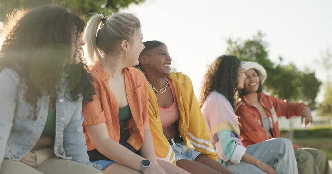 Laughing, talking or friends in park on holiday vacation for bonding or speaking together in summer. Happy, smile or funny gen z group of people outdoors in USA with freedom, diversity or wellness