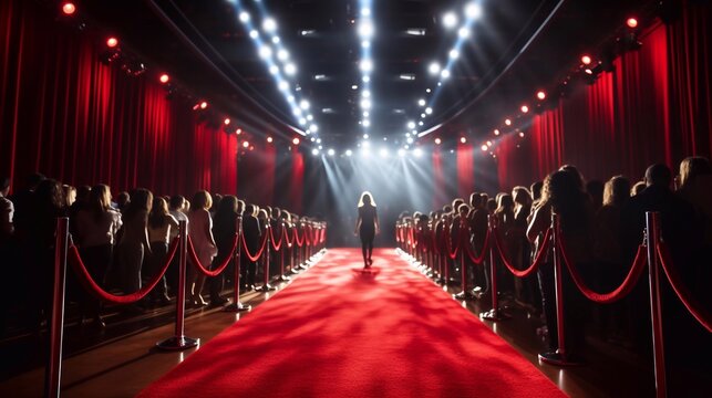 A picture of Rows of people walking on red carpet in theater, movie premiere, stage or show concept Generative AI