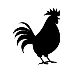 A large rooster symbol in the center. Isolated black symbol. Illustration on transparent background