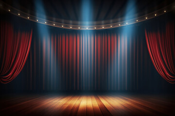 Magic Theater Stage with Red Curtains, Show Spotlight, Festive Background, Copy Space, Banner, or Poster - obrazy, fototapety, plakaty