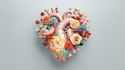 Beautiful anatomic heart with flowers and leaves. Floral romantic composition for greeting card