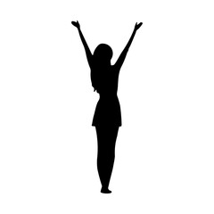 A large woman with hands up symbol in the center. Isolated black symbol. Illustration on transparent background
