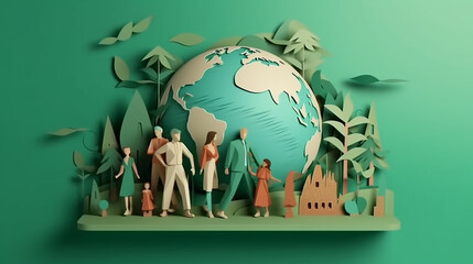 Illustration of eco and world environment day with happy family.paper art digital craft style