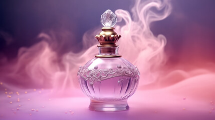Obraz na płótnie Canvas luxury glass or crystal perfume bottle with smoke waves background in pink purple theme