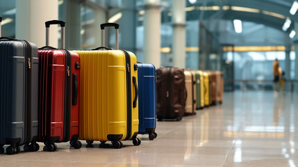 luggage suitcases at the airport wide banner with copy space area for vacations and holiday travel concepts