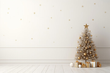 Minimalist Scandinavian home interior decoration with a Christmas tree, gold ball, gift box, and stars on empty gray wall background. Christmas and New Year banner or poster with copy space.