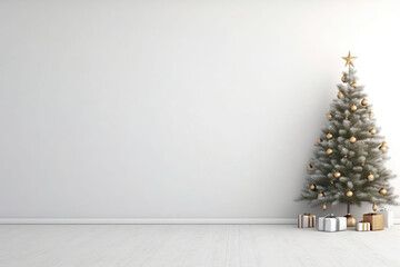 Minimalist Scandinavian home interior decoration with a Christmas tree, gold ball, gift box, and stars on empty gray wall background. Christmas and New Year banner or poster with copy space.