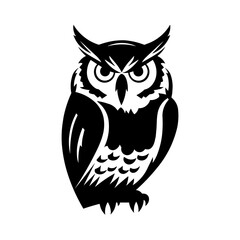 A large owl symbol in the center. Isolated black symbol. Illustration on transparent background