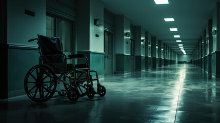 Fototapeta na wymiar empty wheelchairs in a hospital corridor