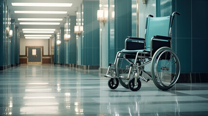 empty wheelchairs in a hospital corridor