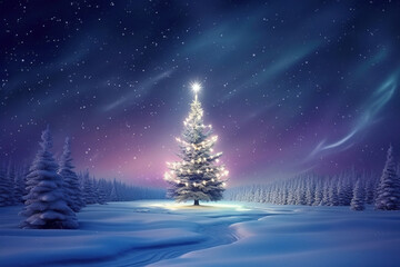 Christmas Tree decorations, magical fairy lights, snowfall landscape background, winter starry sky