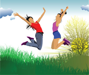 Fototapeta na wymiar Country sunrise with jumping girl image. Vector illustration