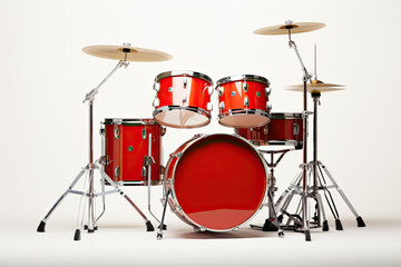 red drum set, drum kit, music instrument isolated on white background