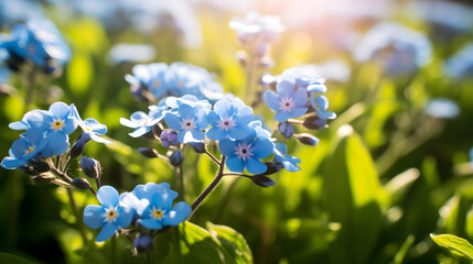 Close-up of a field of forget-me-not flowers on a sunny morning.